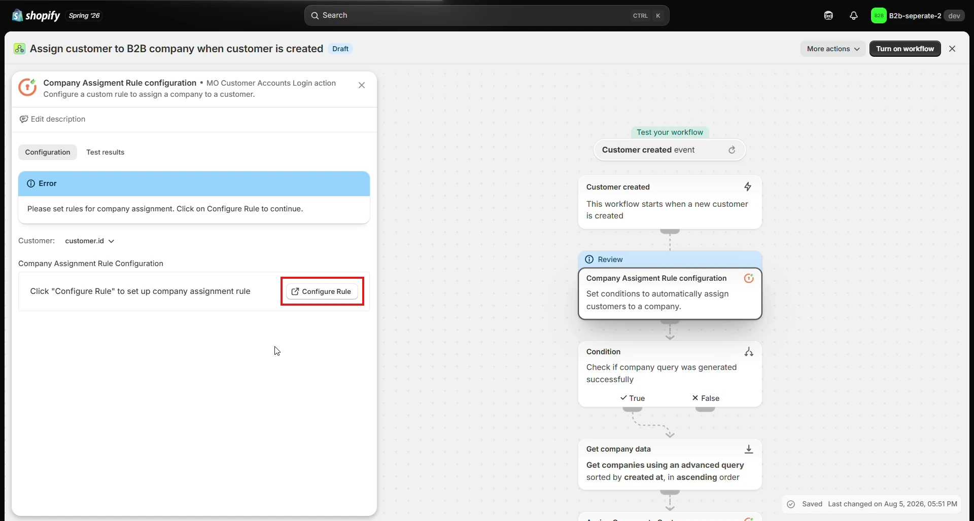 Configure Rule Button - Shopify B2B Company Assignment