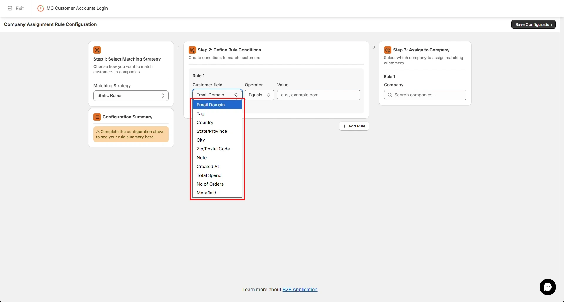 Customer Field Options - Shopify B2B Company Assignment