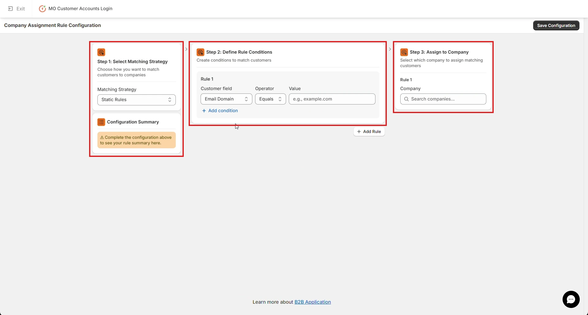 Company Assignment Rule Configuration Page - Shopify B2B Company Assignment