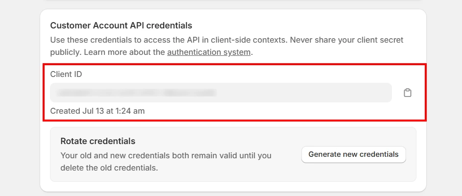 Copy Client ID - Shopify Customer Account API