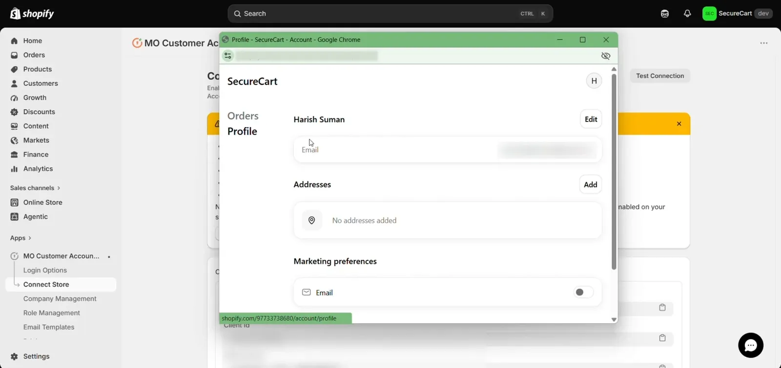 Shopify customer account profile page after successful signup