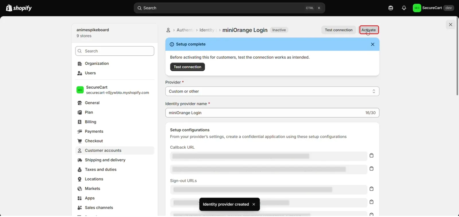 Activate the custom identity provider in Shopify customer accounts