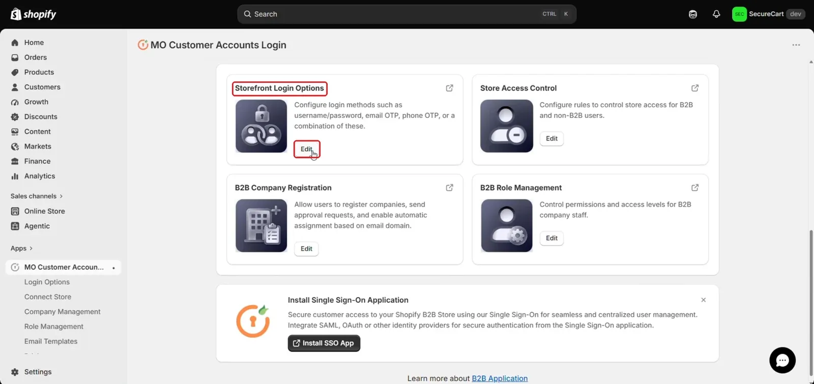 Storefront Login Options card with Edit button in Shopify app dashboard