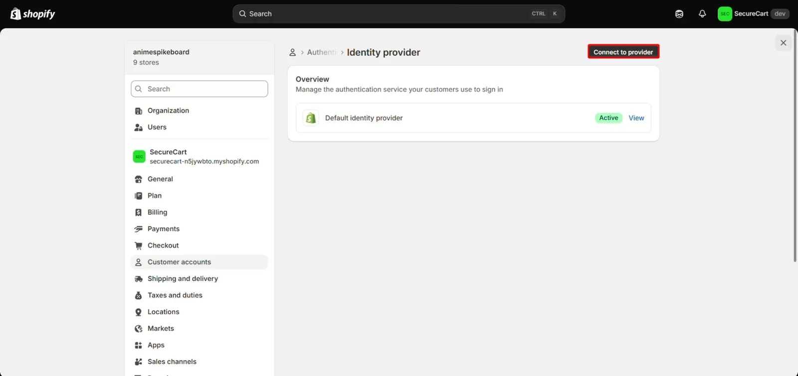 Connect to provider button on Shopify identity provider page