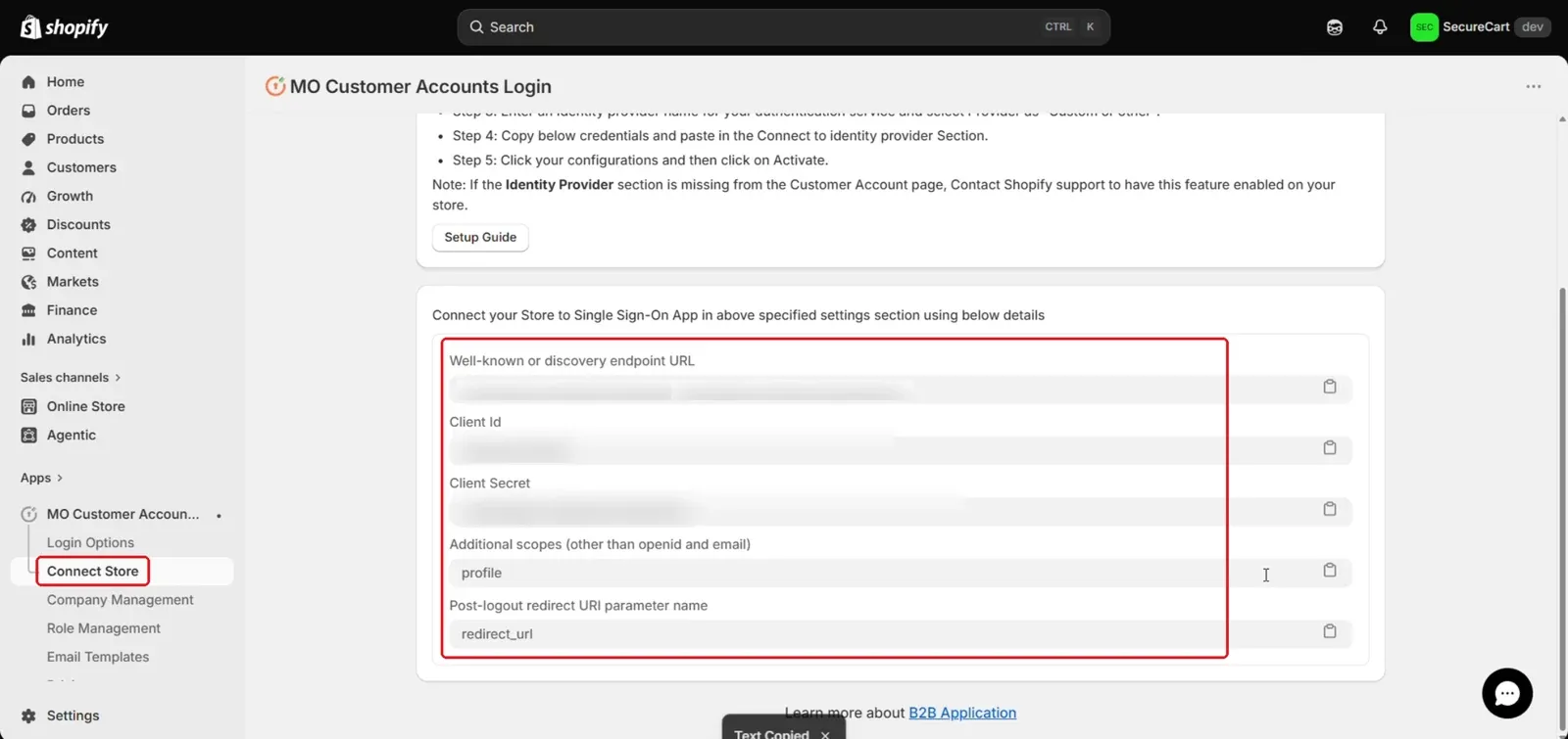 Copy Client Id, Client Secret and discovery endpoint URL from Connect Store tab