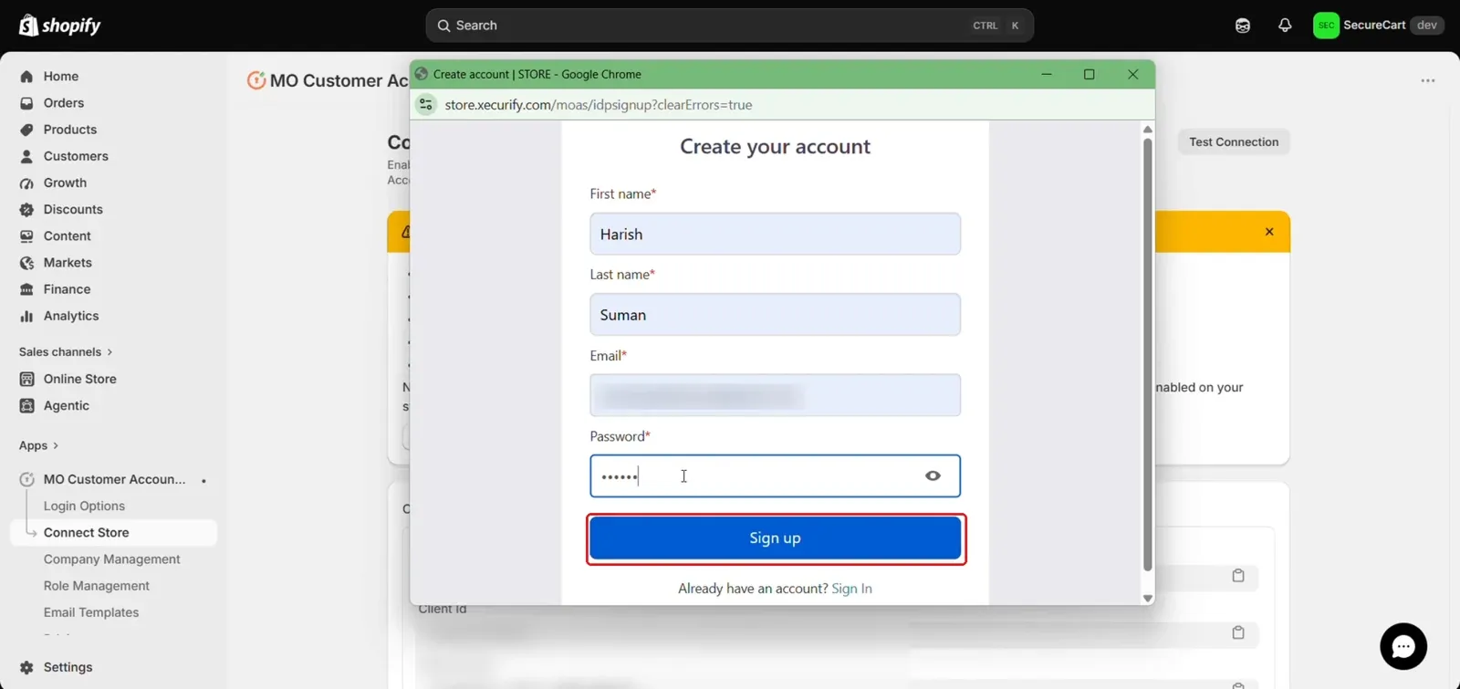 Create your account form with email and password fields on Shopify