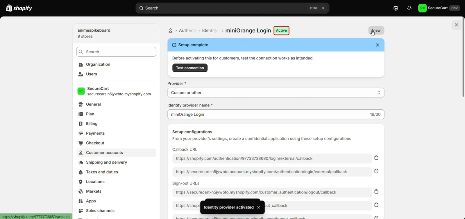 Identity provider status showing Active in Shopify