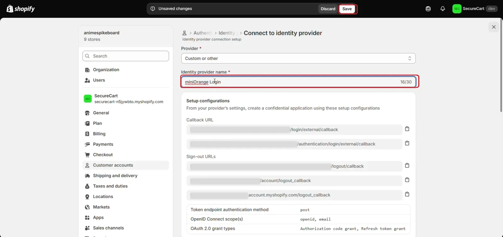 Enter identity provider name miniOrange Login in Shopify