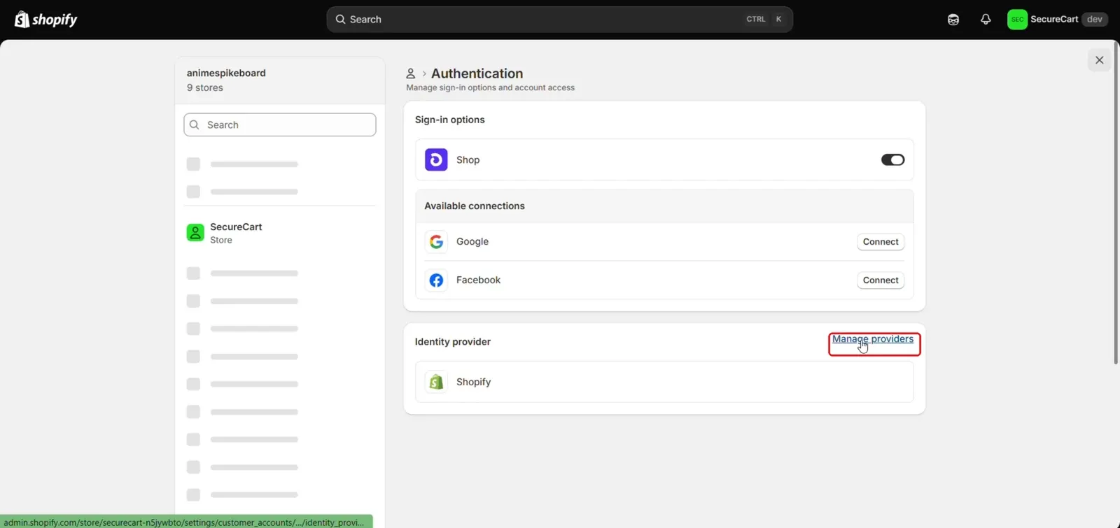 Manage providers link in Shopify customer accounts authentication settings