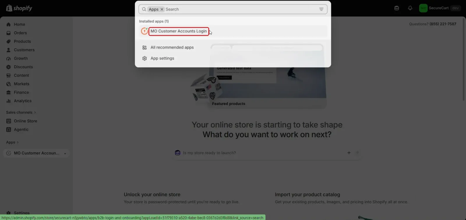 Enable Phone OTP Login on Shopify Plus Customer Accounts: Open MO Customer Accounts Login app in Shopify Admin