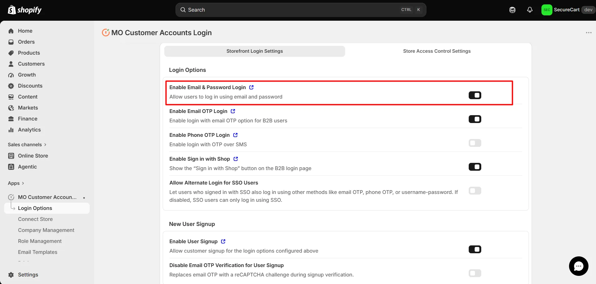 Enable Email and Password Login toggle in Shopify customer accounts login options
