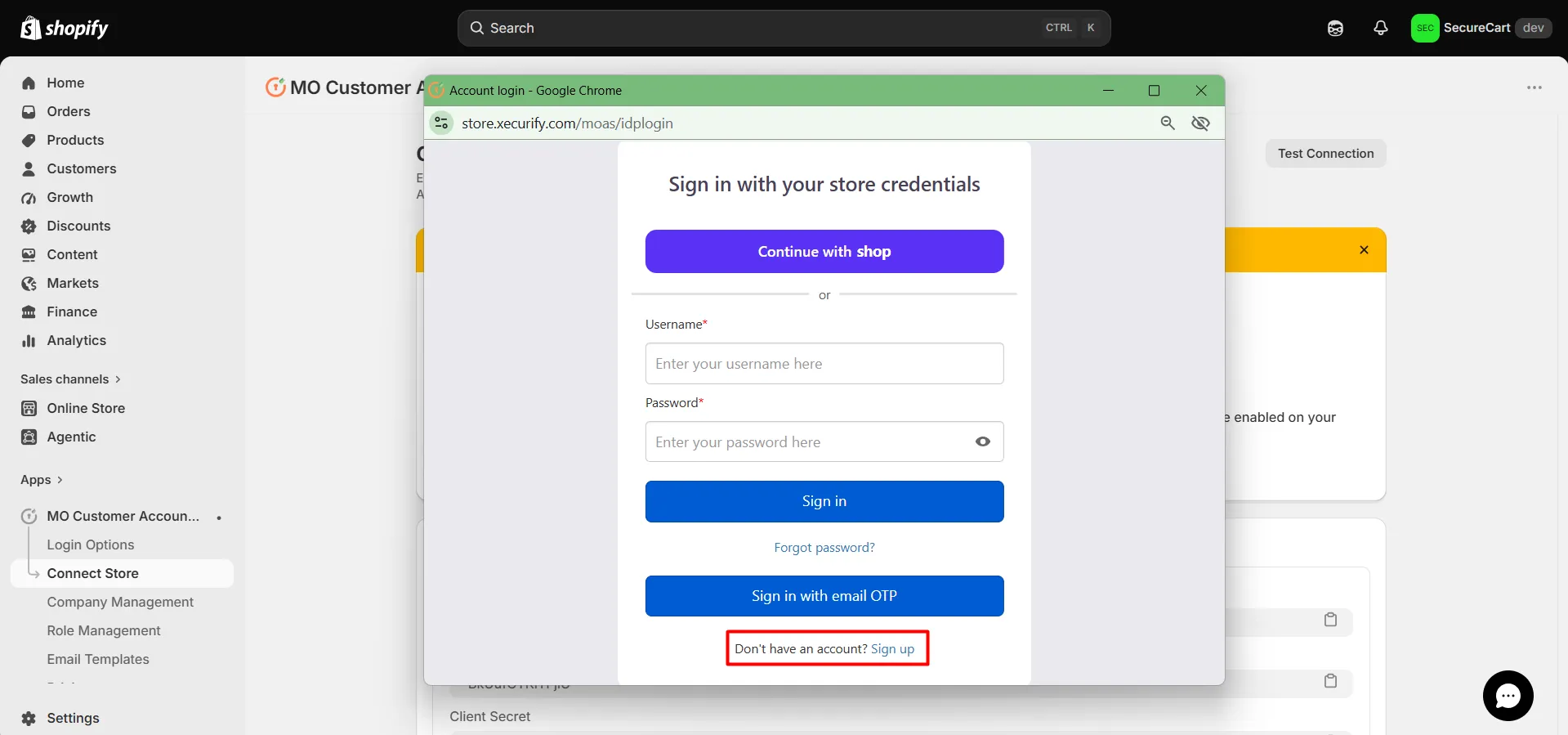 Shopify customer login screen with username and password fields
