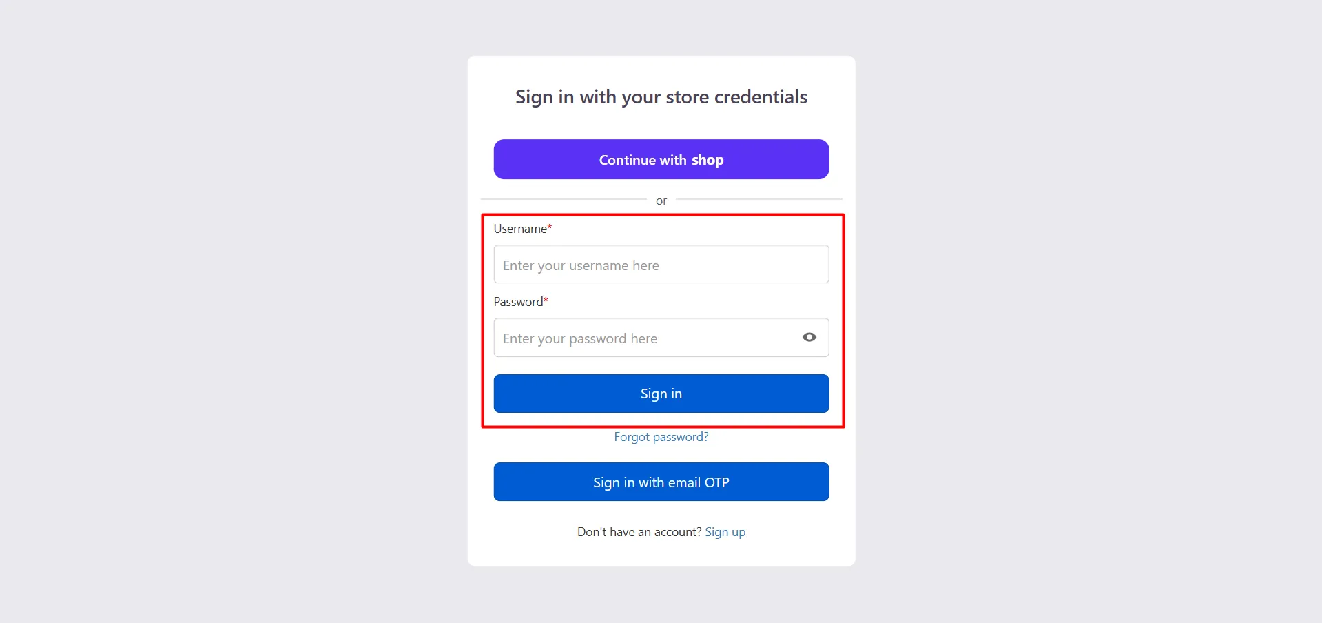 Sign in with email and password on Shopify storefront login screen