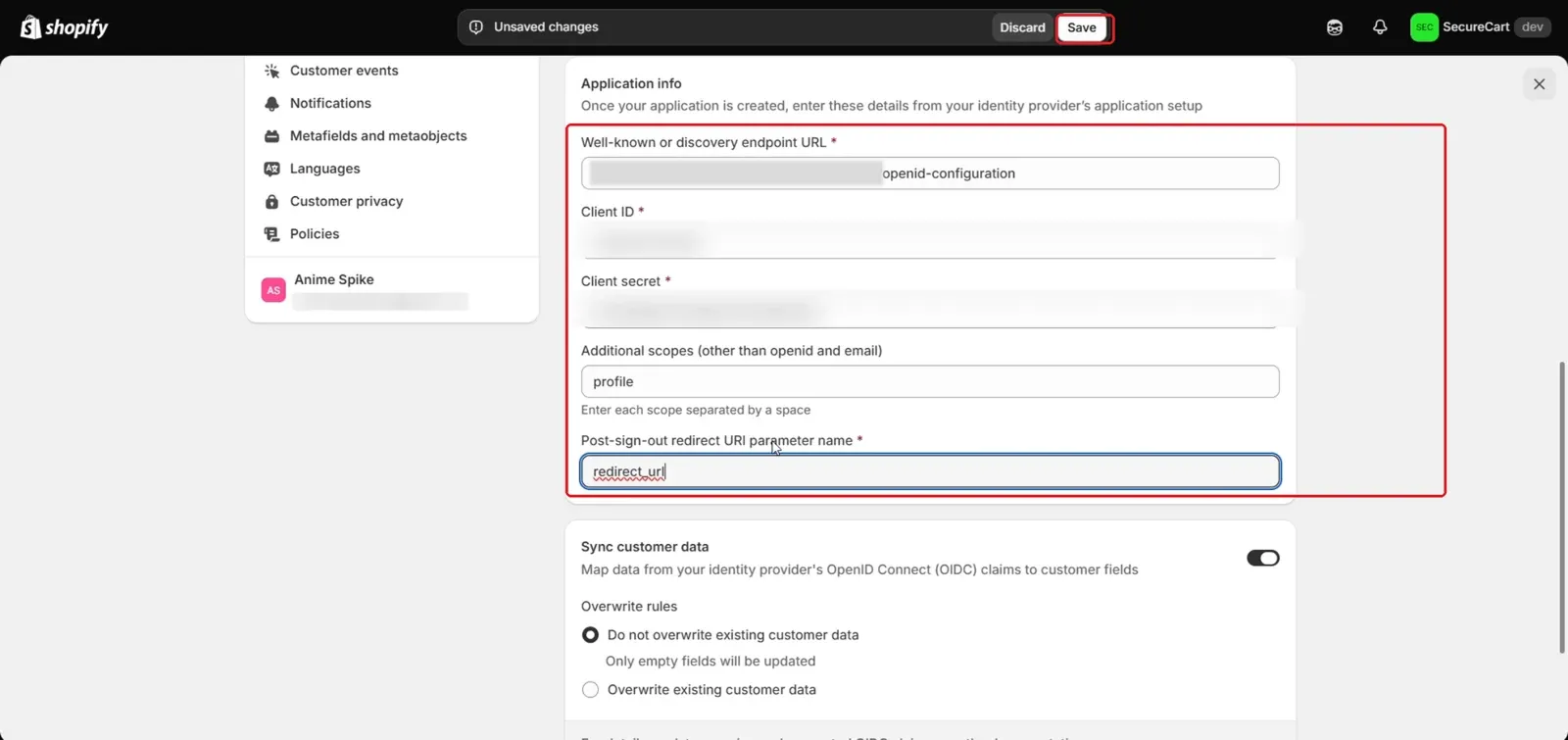 Paste Client ID and Client secret into Shopify Application info and save