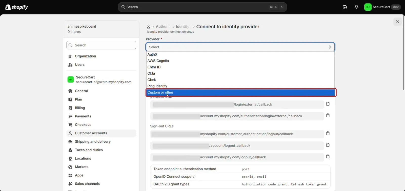 Select Custom or other as the provider in Shopify customer accounts