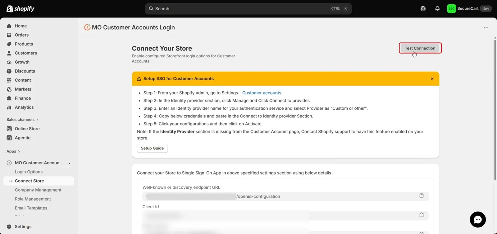 Test Connection button in MO Customer Accounts Login app