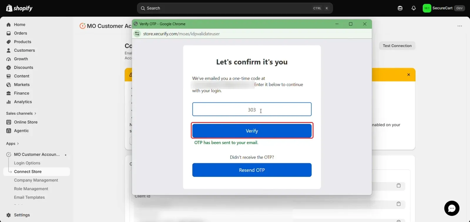 Verify email one time code during Shopify account signup