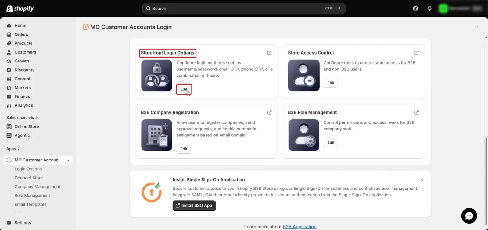 Enable Phone OTP Login on Shopify Plus Customer Accounts: Storefront Login Options card with Edit button in Shopify app dashboard