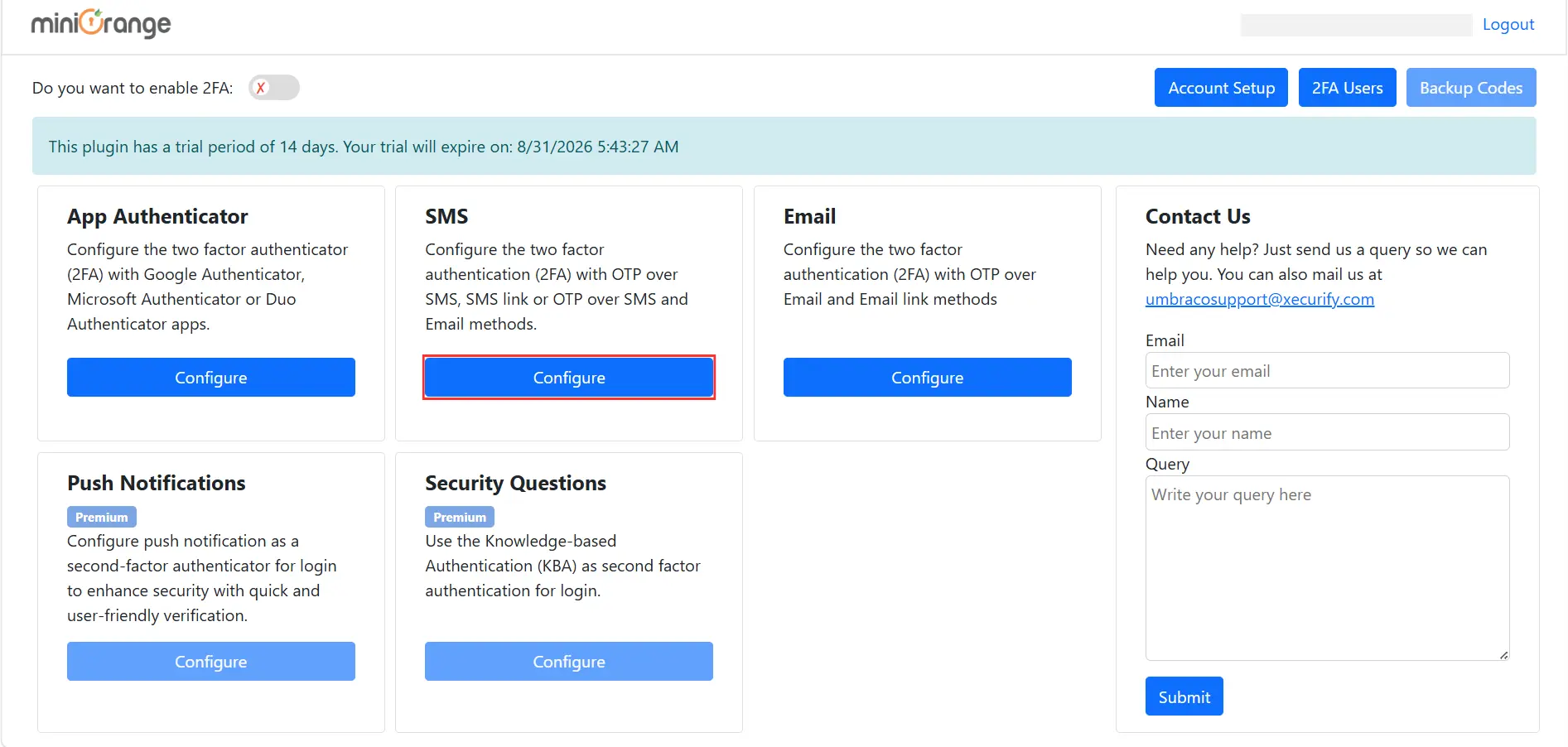 Umbraco 2FA - Configure OTP over SMS