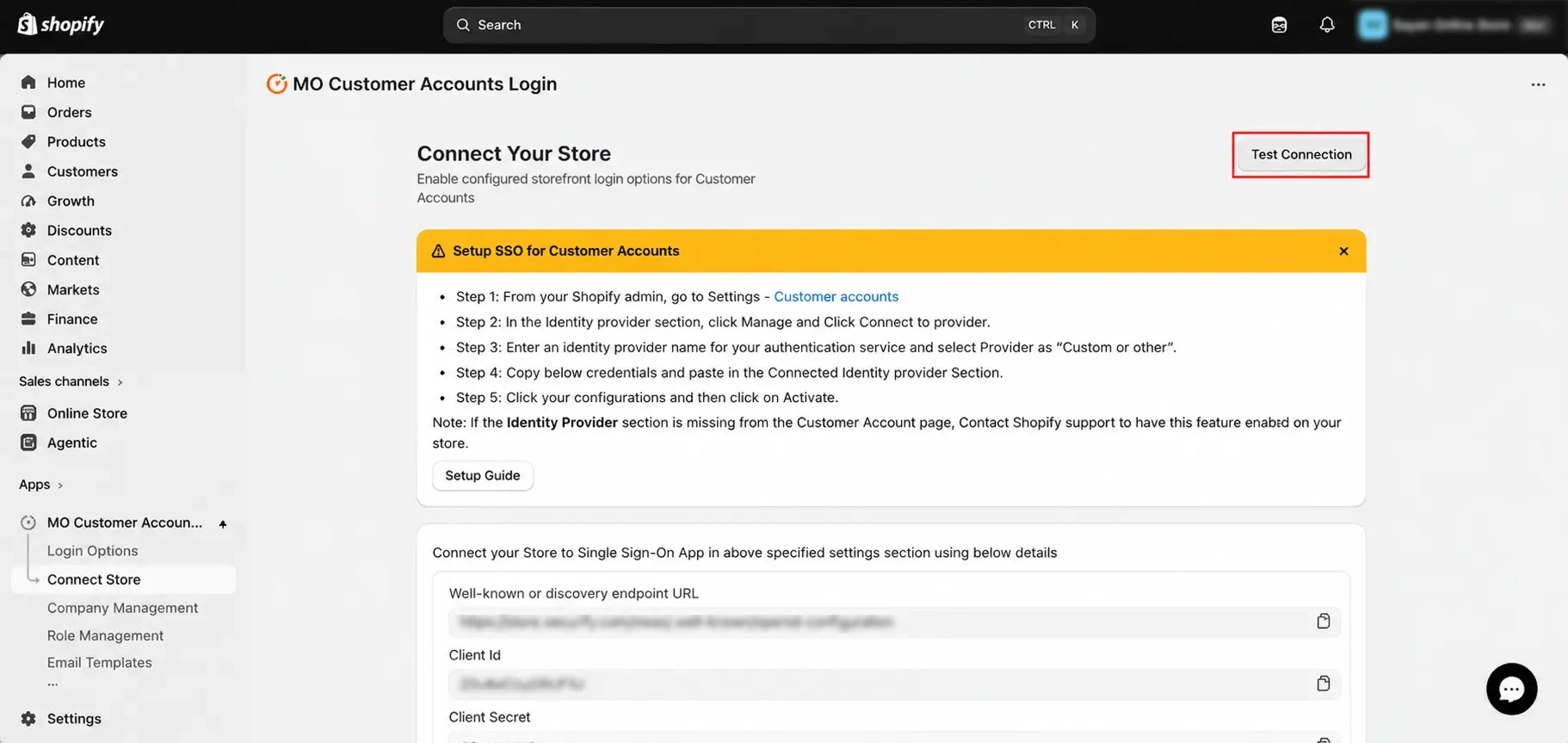 Enable Phone OTP Login on Shopify Plus Customer Accounts: Test Connection button