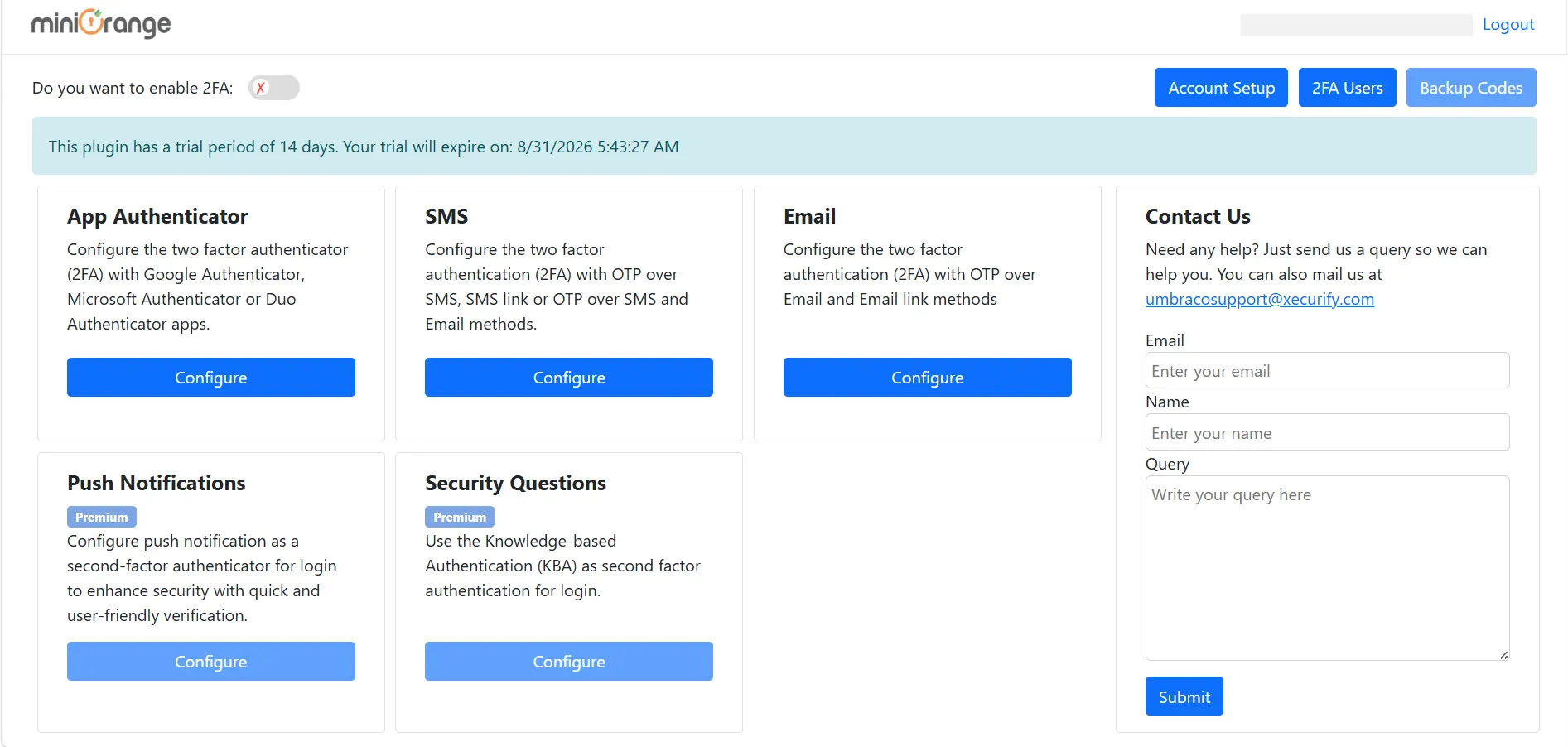 Umbraco 2FA - Plugin Dashboard