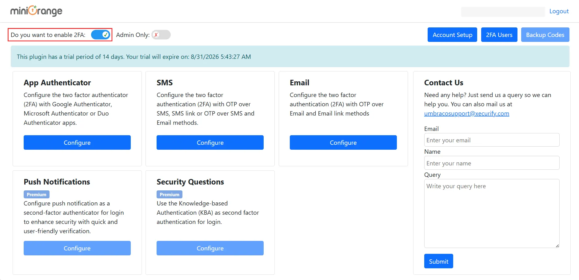 Umbraco 2FA - Enable 2FA for End Users
