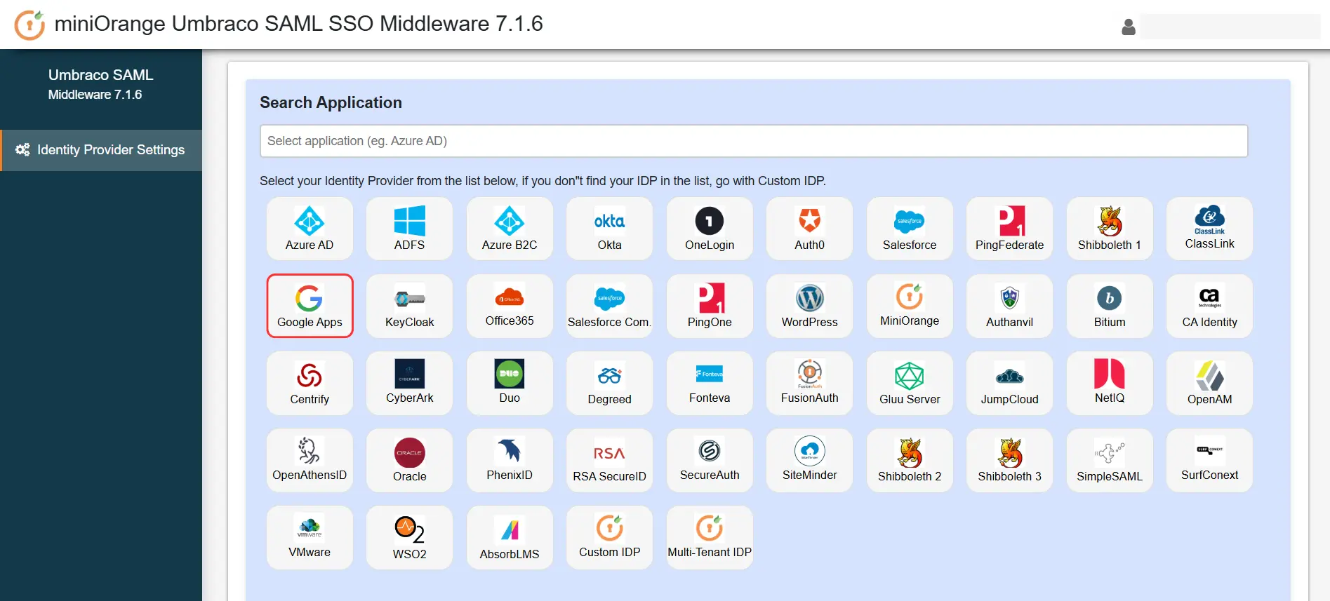 Umbraco SAML SSO using Google Apps as IDP - Select Google Apps