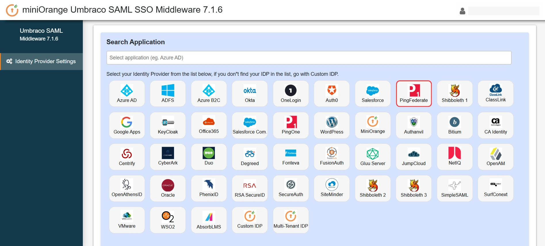 Umbraco SAML SSO using PingFederate as IDP - Select PingFederate