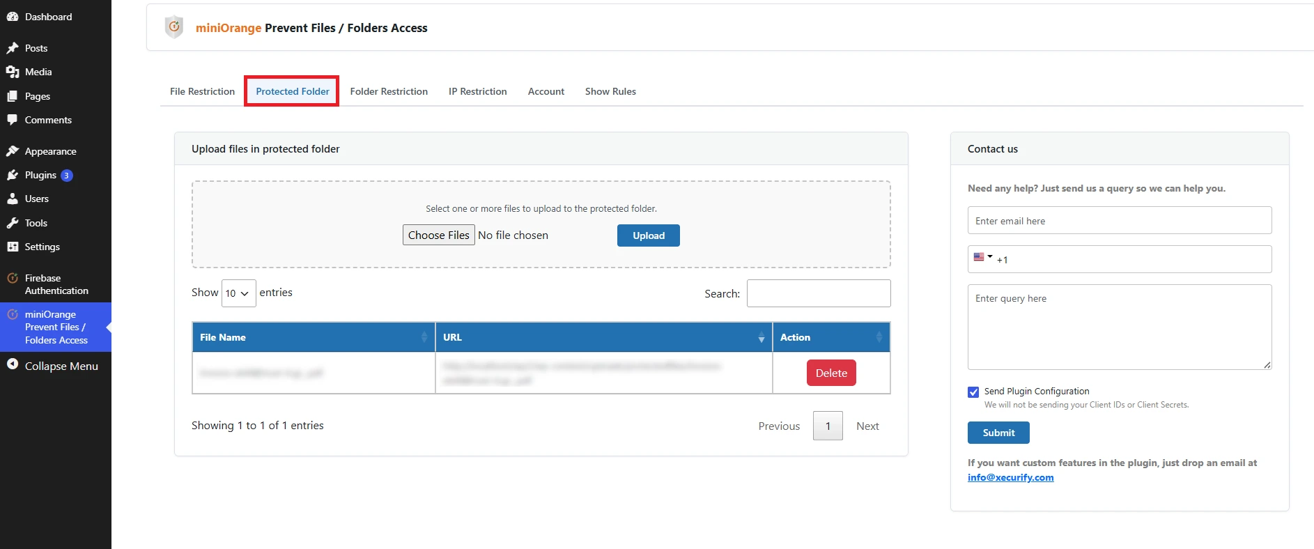 Upload files in Protected Folder - Prevent File Access plugin for WordPress
