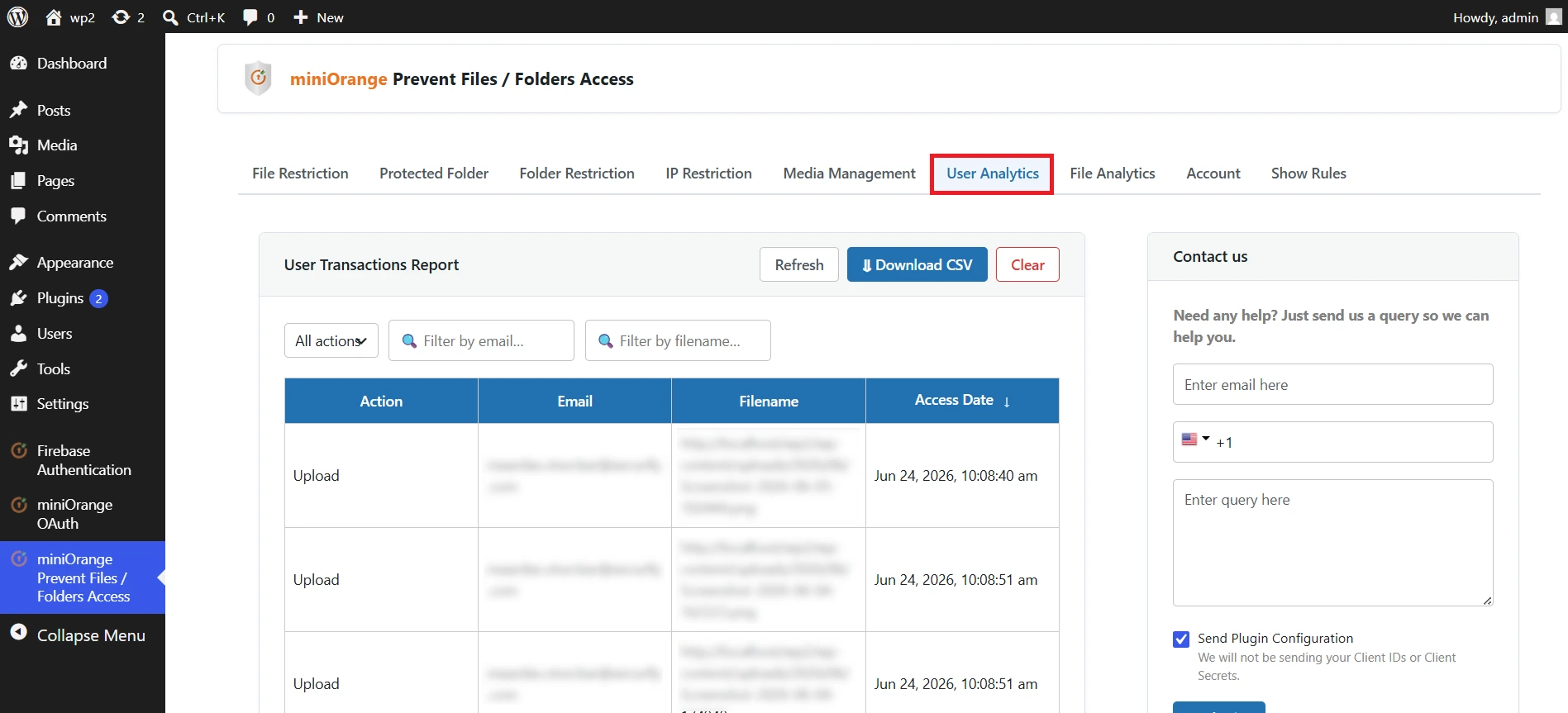 Real-time access logs in User Analytics - Prevent File Access plugin for WordPress
