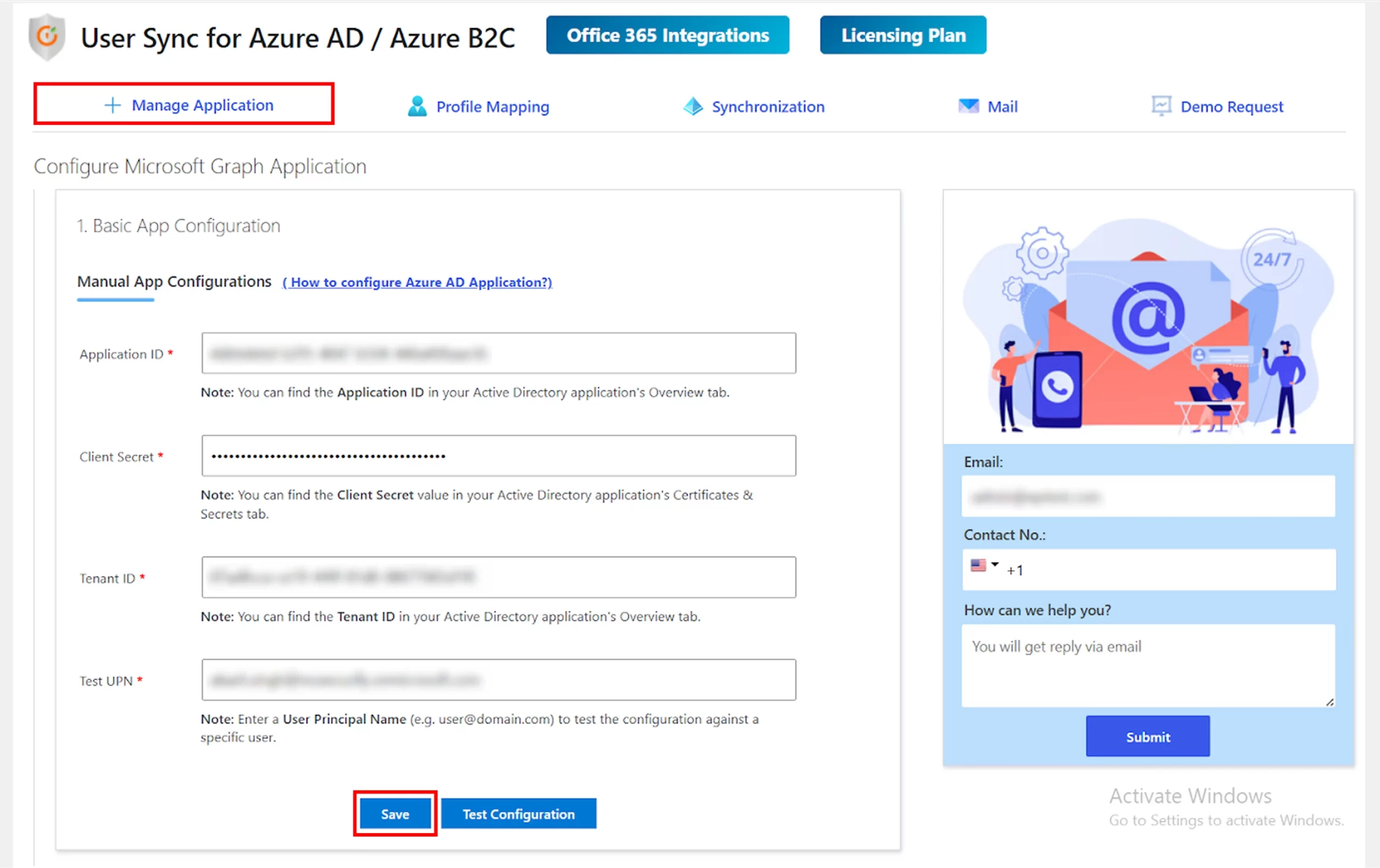 Setup Azure AD Sync - Manage Application, credentials form