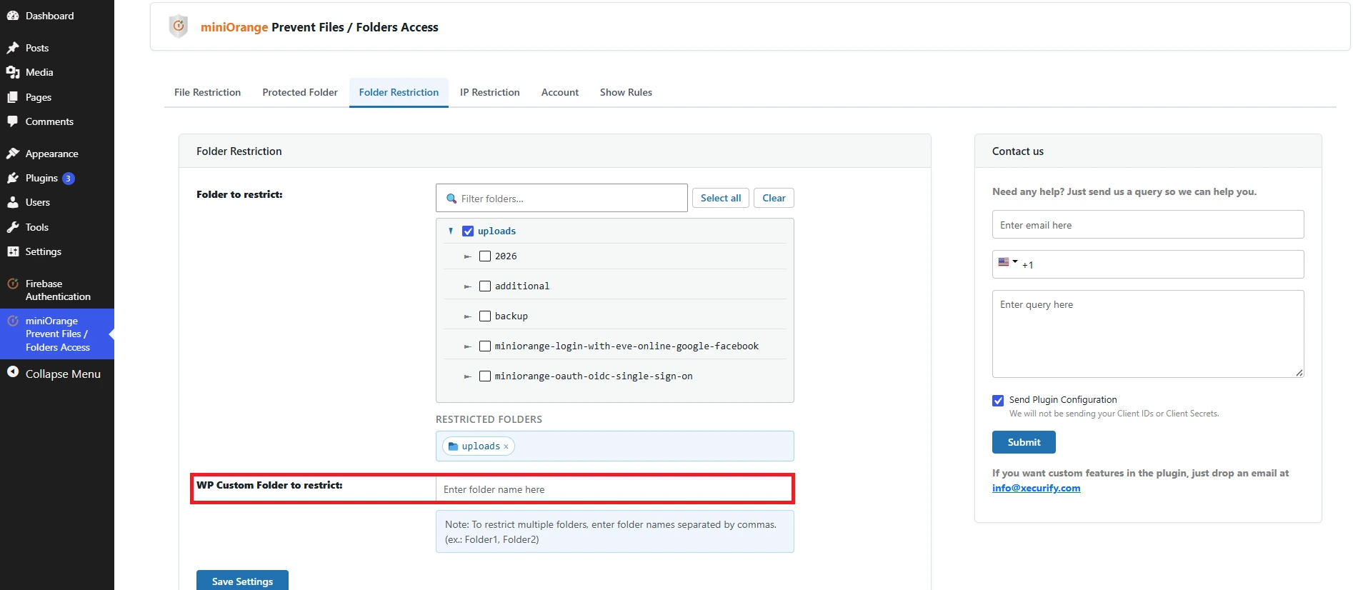 WP Custom Folder to restrict - Prevent File Access plugin for WordPress