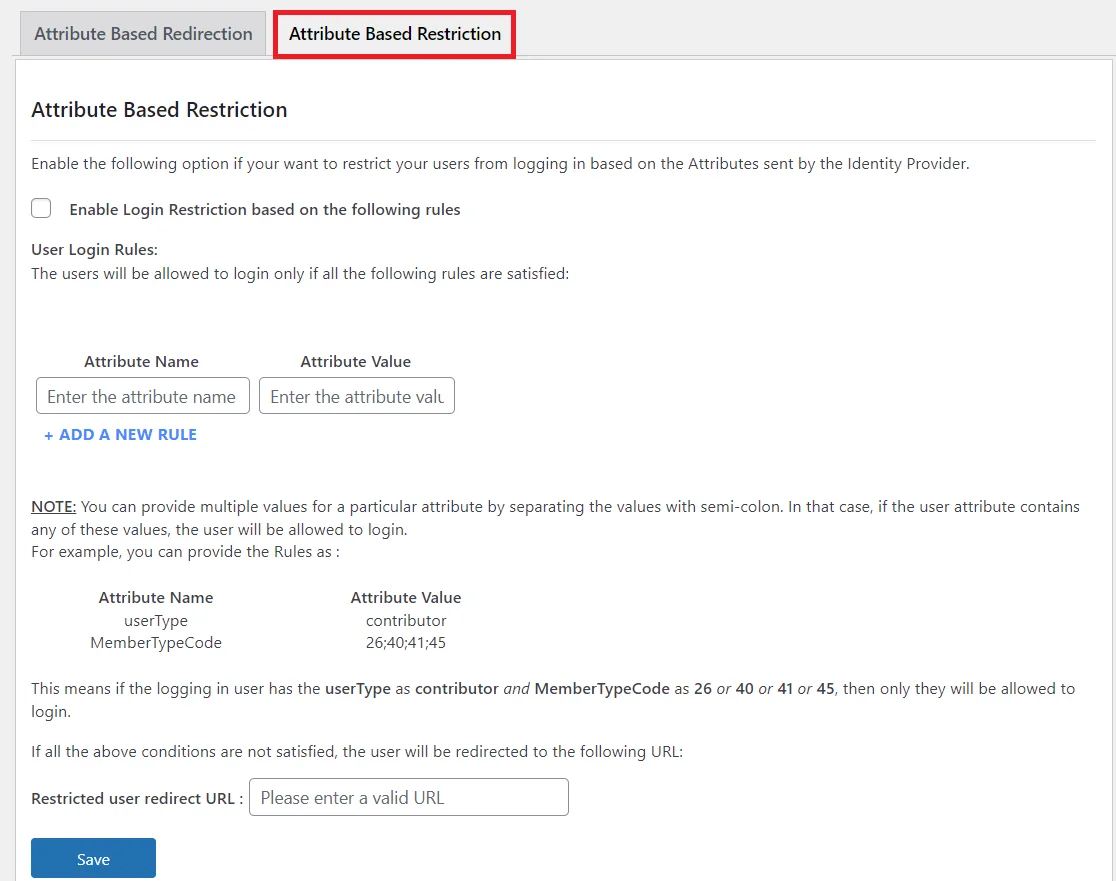 Attribute Based Restriction tab