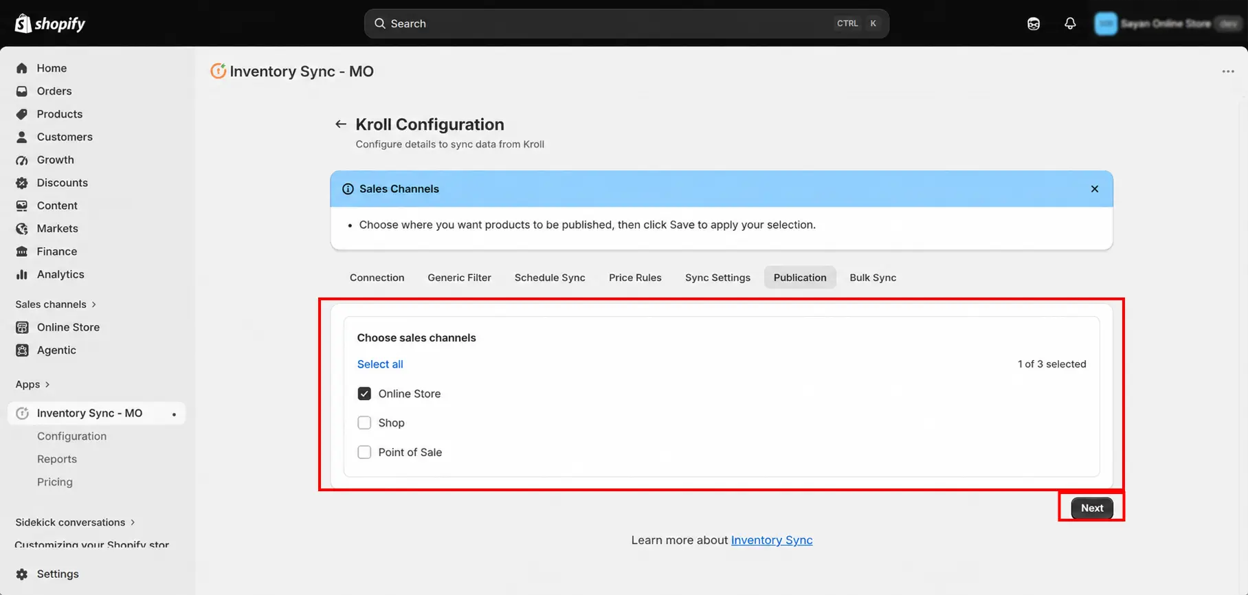 Shopify Kroll Integration - Choose sales channel