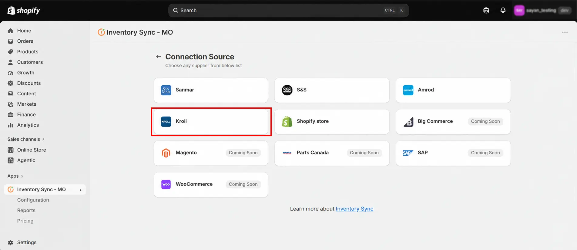 Shopify Kroll Integration - Choose source connection