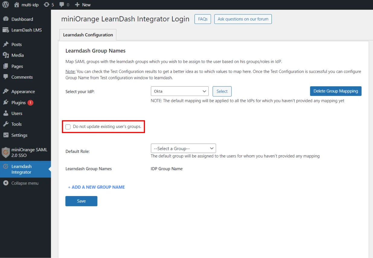 LearnDash Integration with WordPress - Do not update existing user's groups