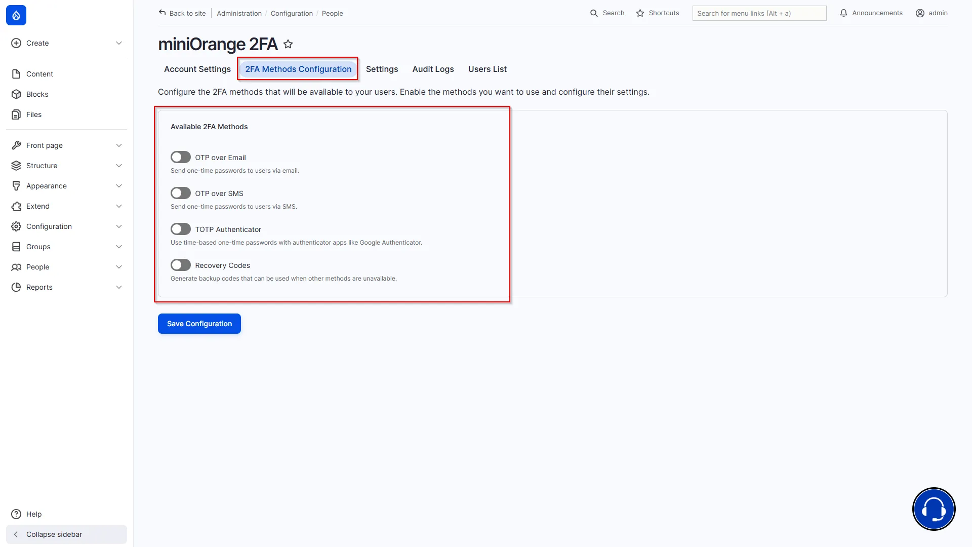 Drupal Offline 2FA - Click 2FA Methods Configuration