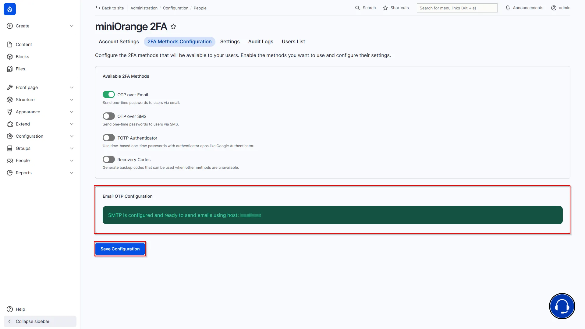 Drupal Offline 2FA - Click Save Configuration