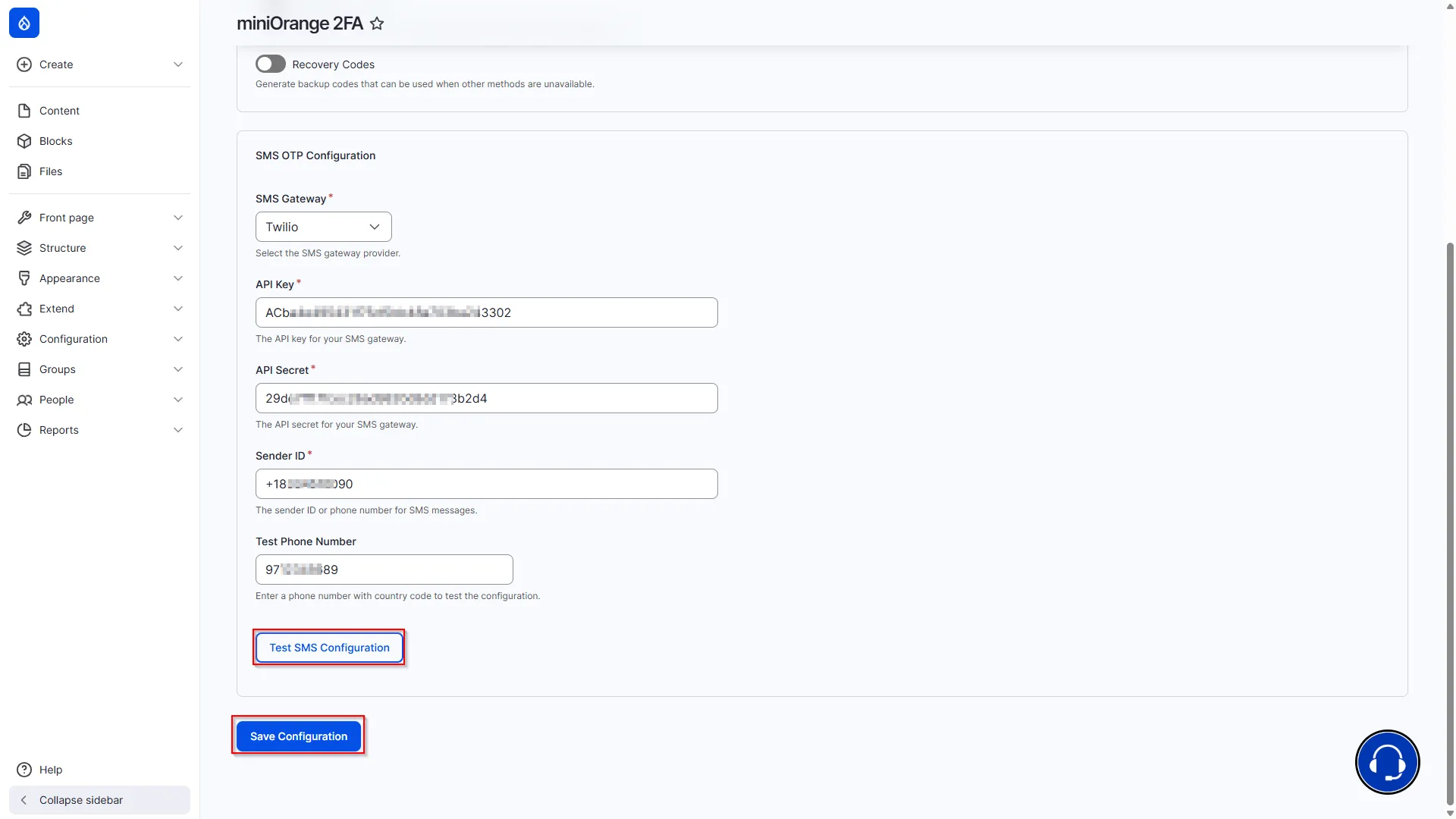 Drupal Offline 2FA - Enter SMS Gateway Details