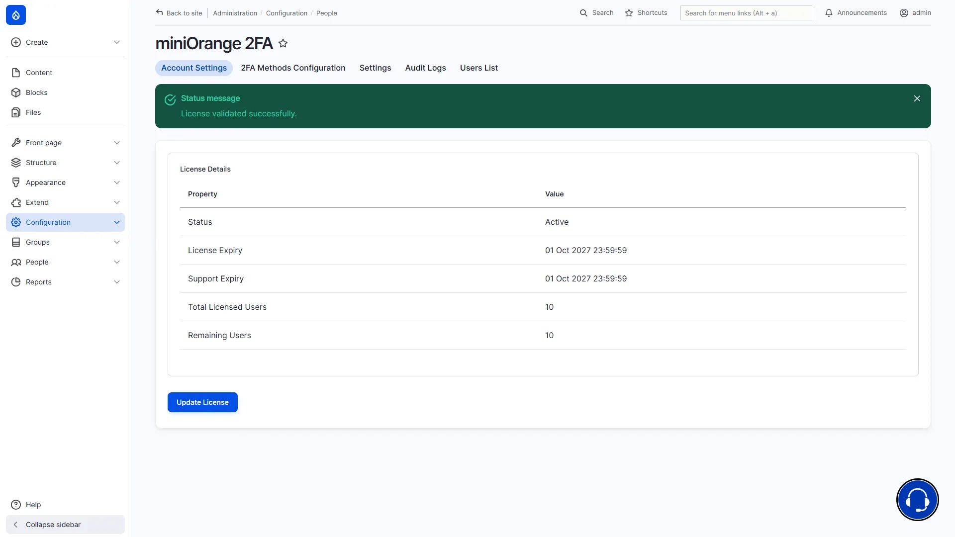 Drupal Offline 2FA - License Activation Success Message