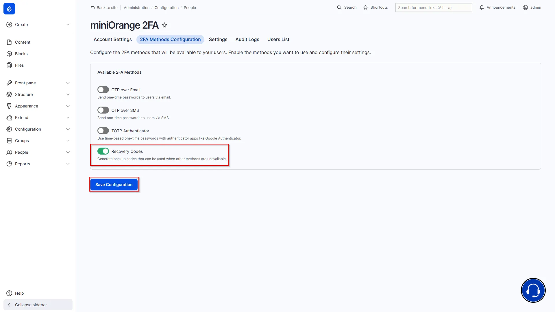 Drupal Offline 2FA - Recovery Codes