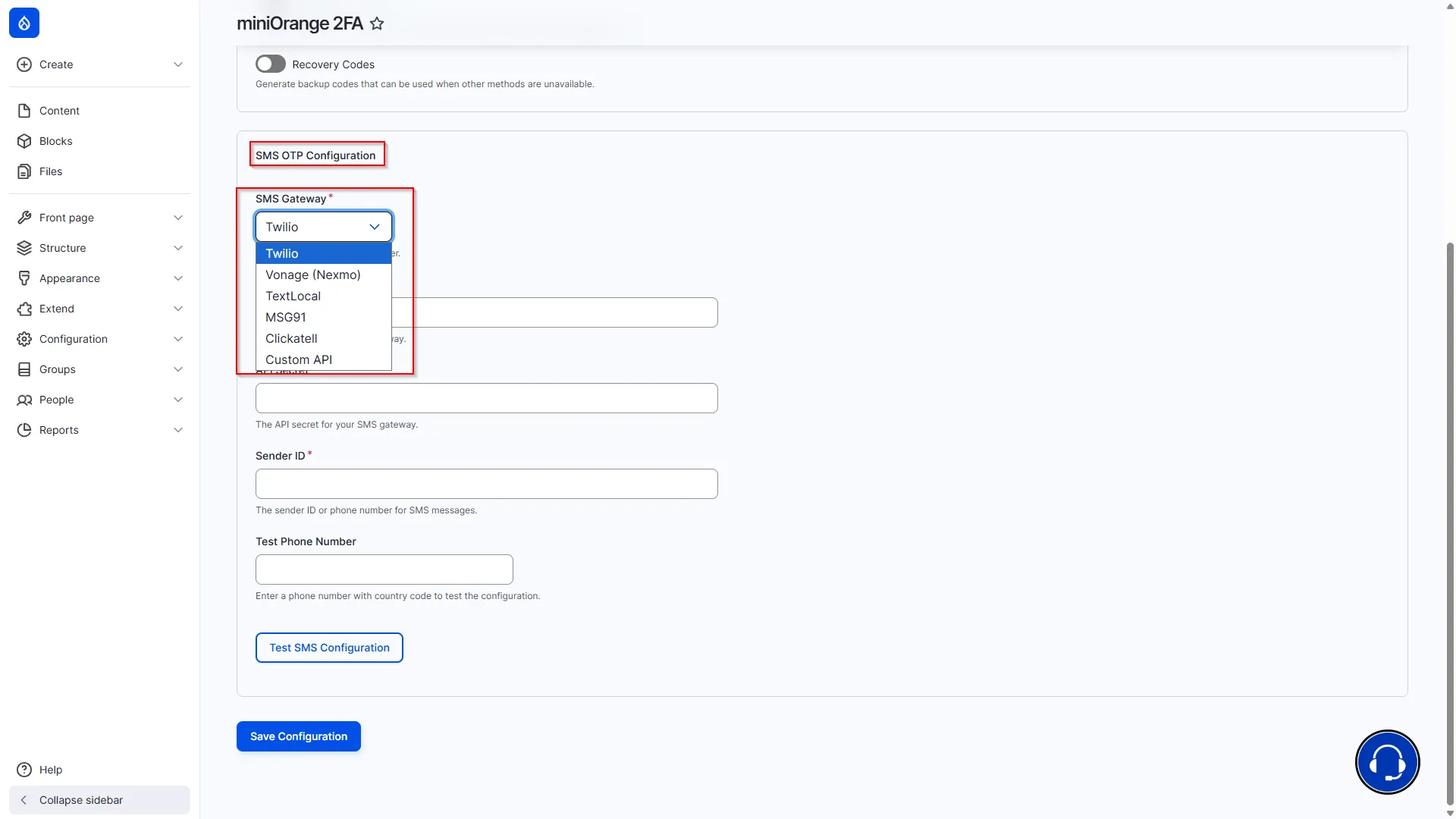 Drupal Offline 2FA - Select SMS Gateway