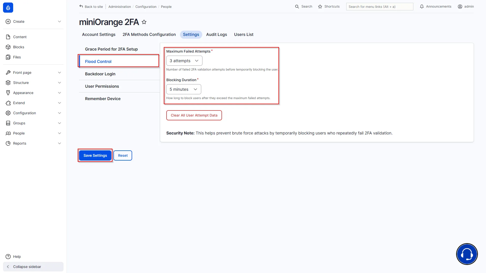 Drupal Offline 2FA - Settings - Flood Control