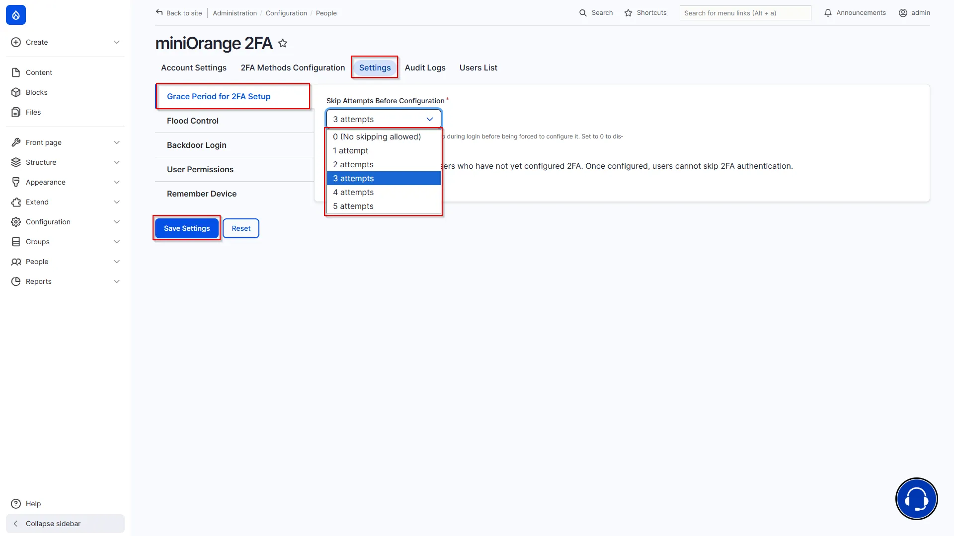 Drupal Offline 2FA - Settings - Grace Period for 2FA Setup