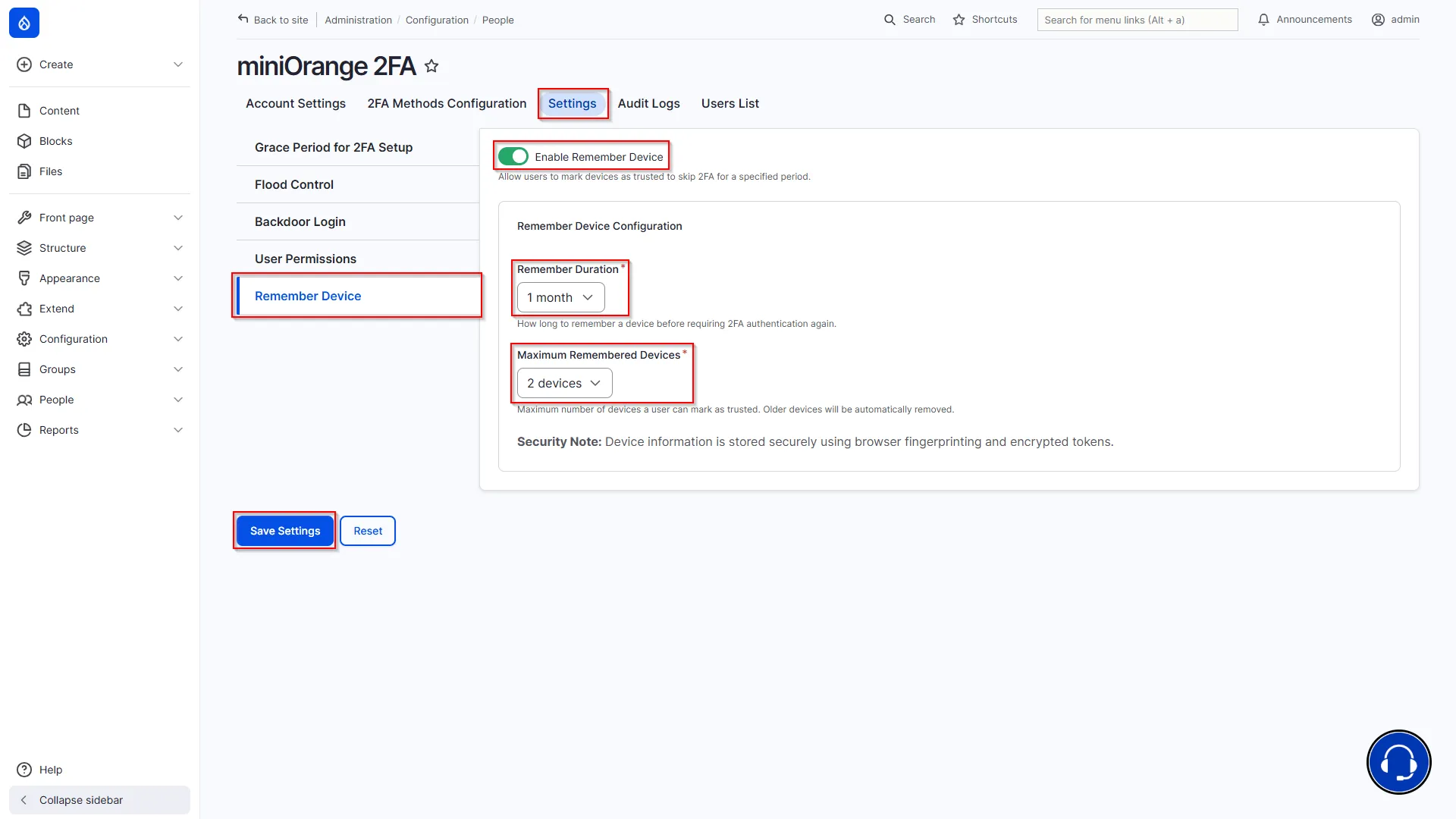 Drupal Offline 2FA - Remember Device Configuration