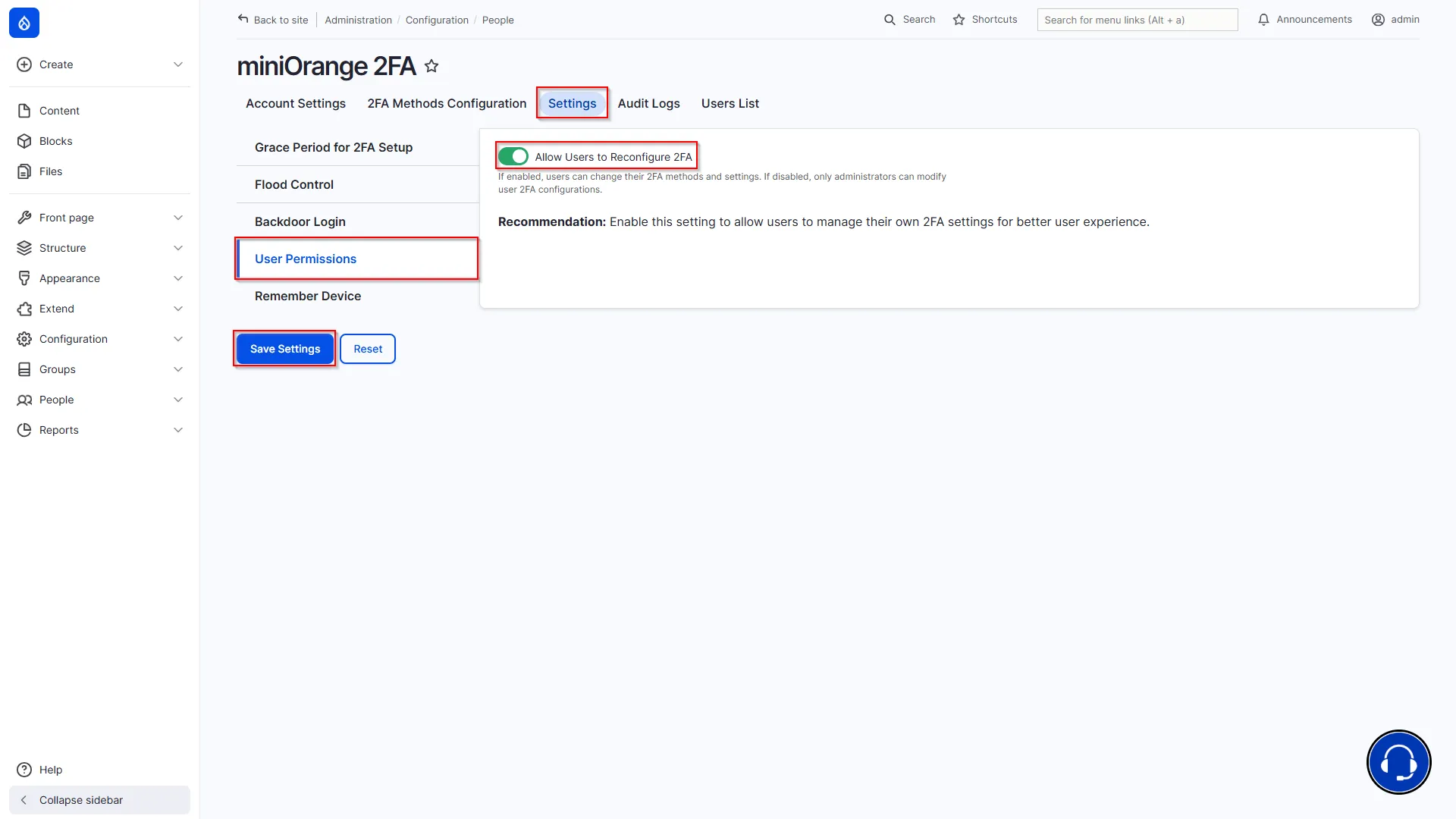 Drupal Offline 2FA - Settings - User Permissions