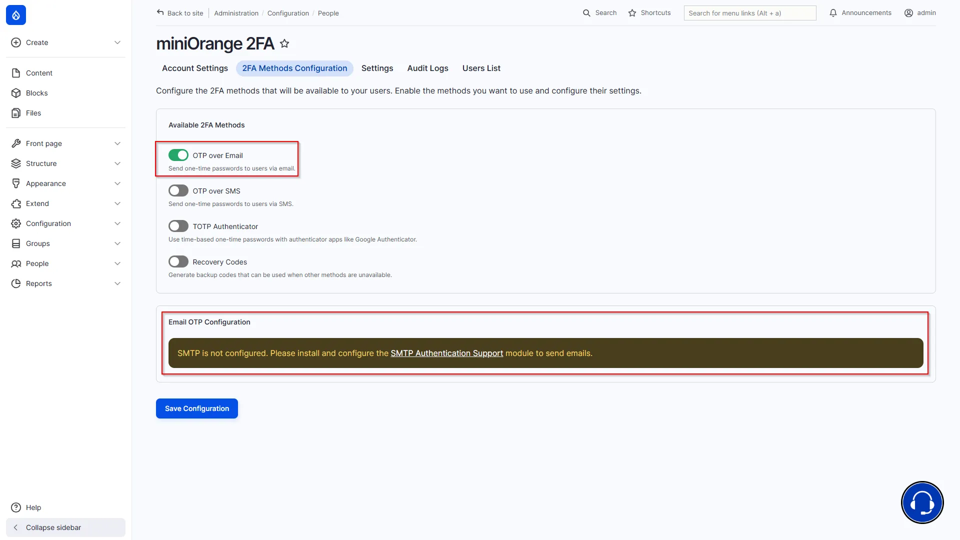 Drupal Offline 2FA - Toggle OTP over Email