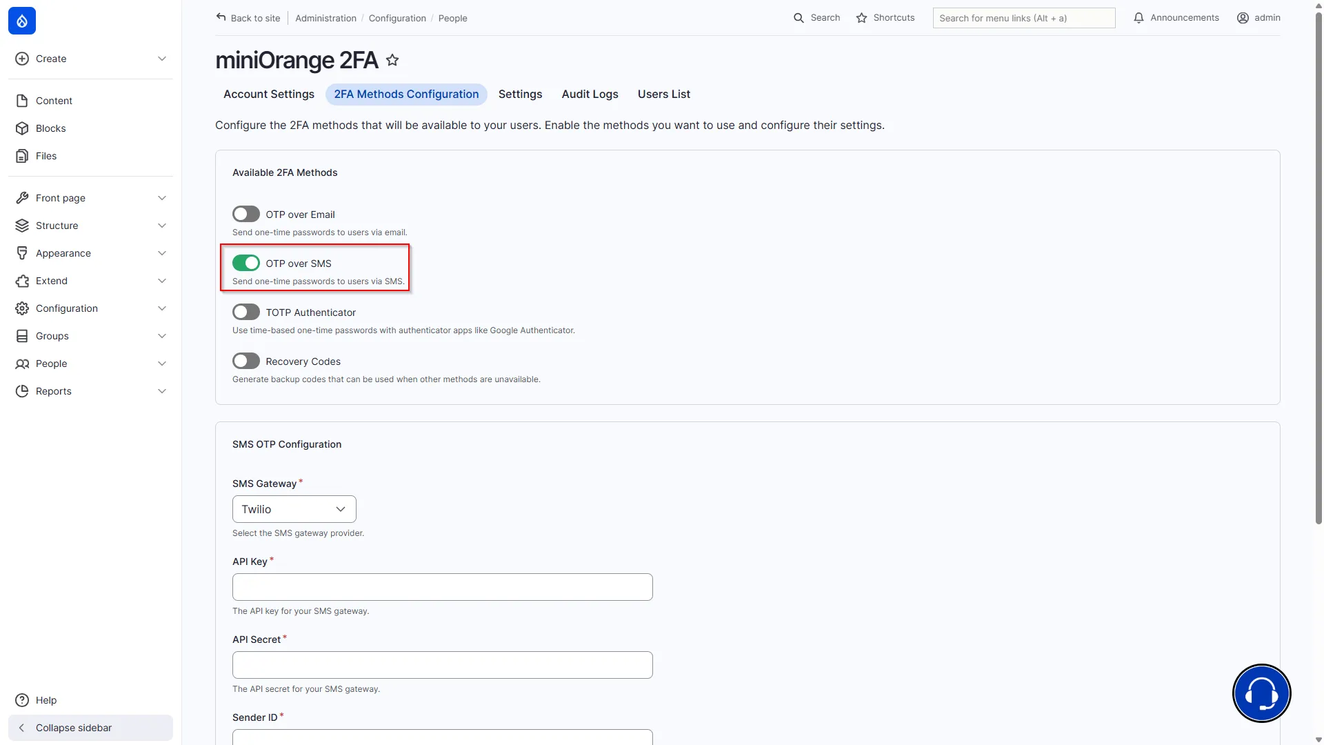 Drupal Offline 2FA - Toggle OTP over SMS