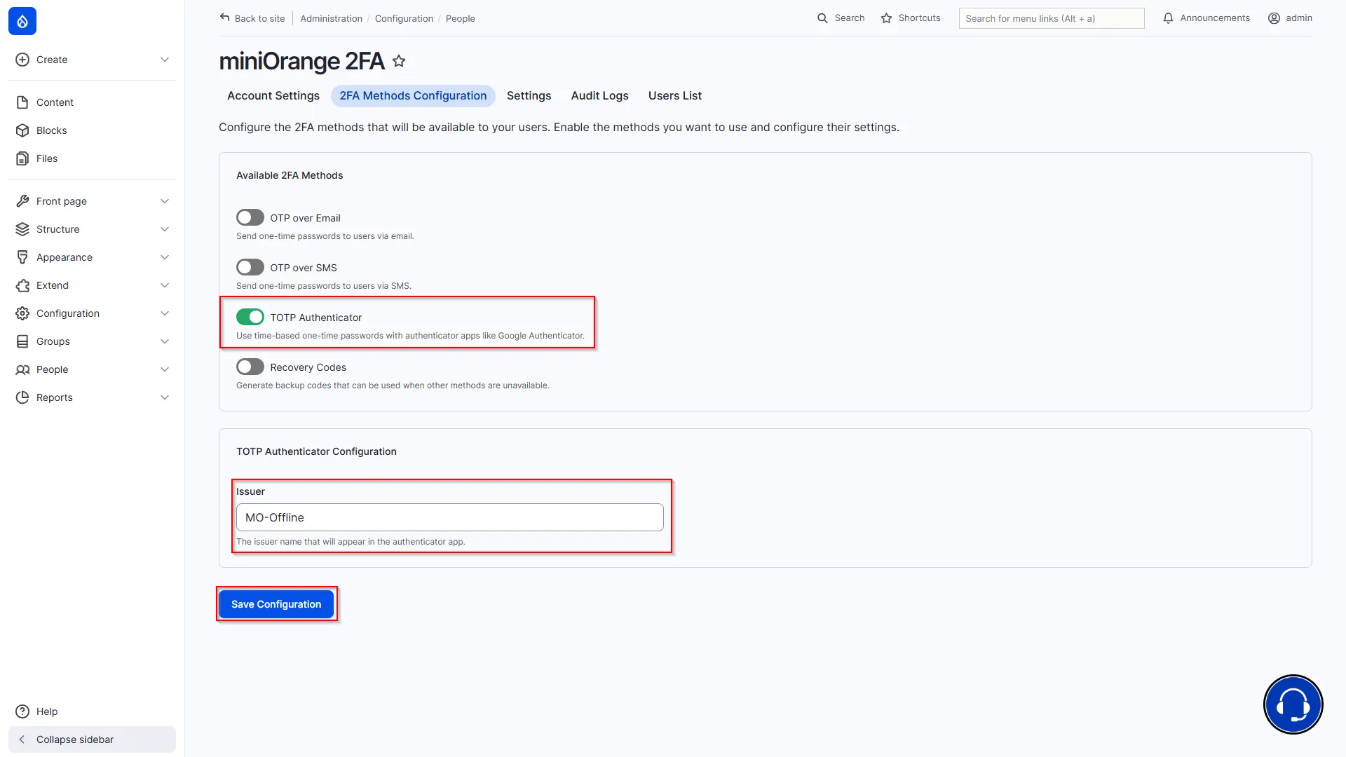 Drupal Offline 2FA - TOTP Authenticator Configuration