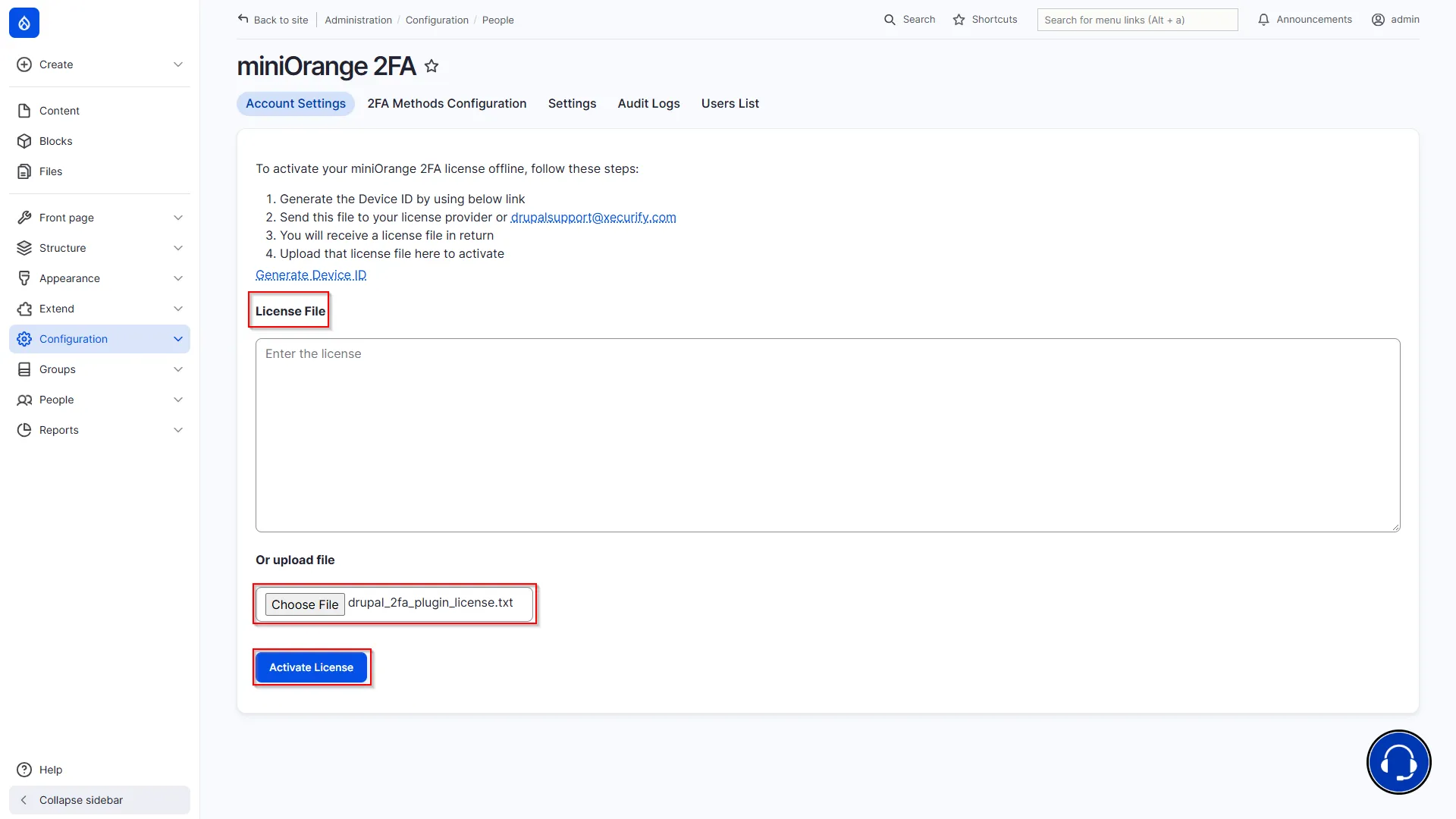 Drupal Offline 2FA - Upload License File and Click Activate License